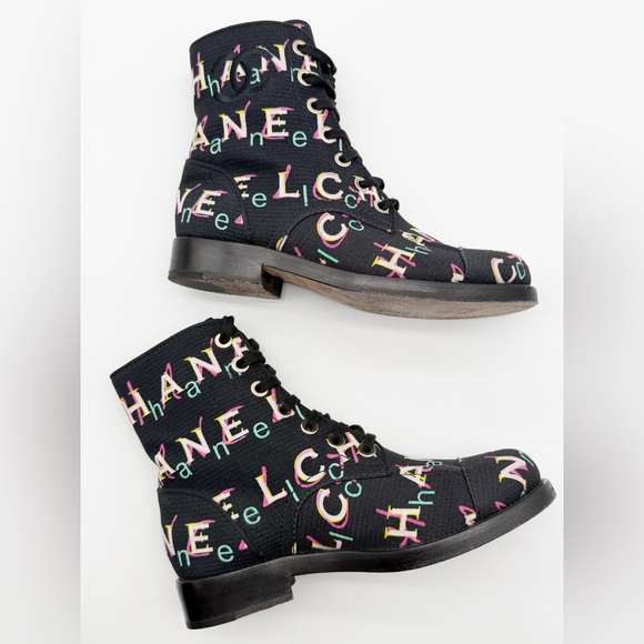 Chanel 2019 Interlocking CC Logo Multi Colored Combat Boots Size 37.5 - Picture 12 of 16